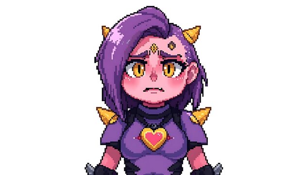 Pixel art sprite of humanoid character with purple side‑swept hair, yellow slit eyes, pinkish skin, small yellow horns on head and shoulders