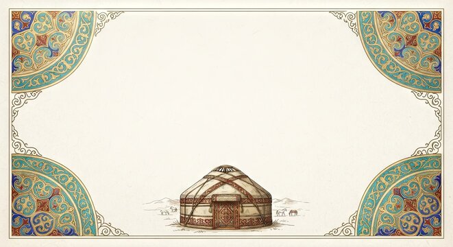 Decorative border with traditional yurt illustration in center
