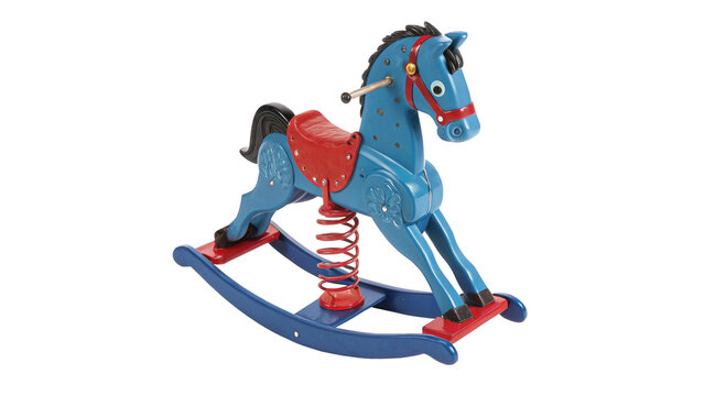 Classic blue and red plastic toy rocking horse for toddlers isolated on transparent background