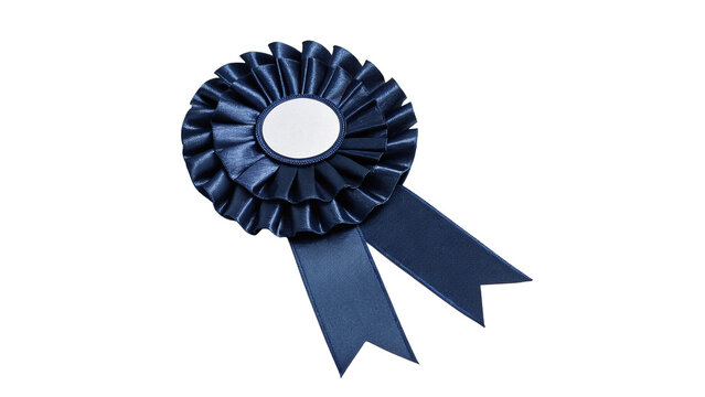 Elegant dark blue ribbon badge rosette award token isolated on transparent background