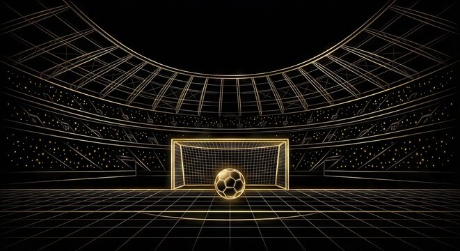 Golden wireframe soccer goal and ball in futuristic stadium