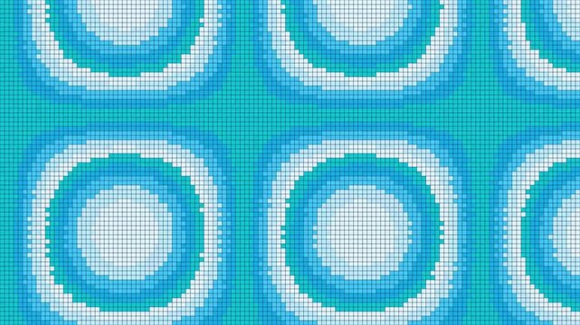 Pixelated blue concentric circles and flowing wave patterns transitions in a geometric grid system layout