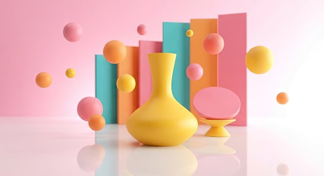 3D rendered yellow vase and colorful geometric shapes with floating spheres