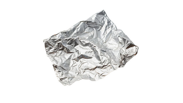 Crumpled piece of metallic silver aluminum foil sheet texture isolated on transparent background