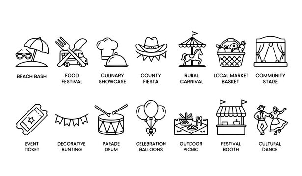 County fair and carnival line icon set with beach bash, food festival, culinary showcase, rural carnival, market booth, fireworks, and community stage symbols