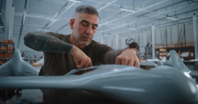 Experienced Male Technician Carefully Routes Electrical Wiring Through Fuselage of Fixed Wing UAV During Detailed Assembly in Large Modern Aerospace Manufacturing Facility. Wiring Installation.