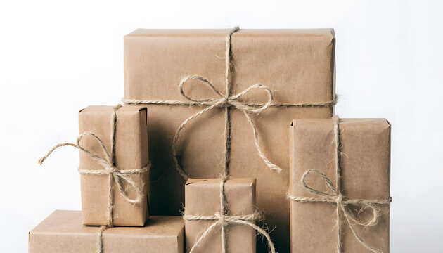 Five rectangular gift boxes wrapped in brown craft paper with rustic twine bows isolated