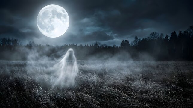 Large ghostly figure standing beneath a full moon in a foggy Halloween landscape filled with glowing pumpkins.