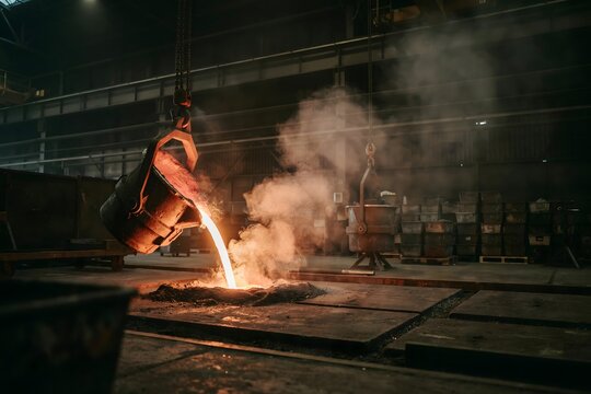Molten metal pouring from a ladle in a foundry &ndash; Great for heavy industry marketing, metallurgy content, or engineering promotions.