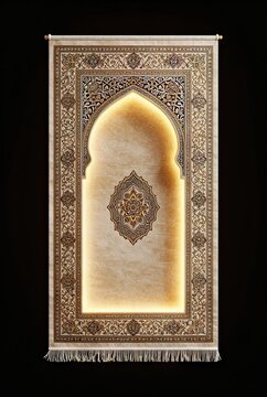Beige Islamic prayer rug featuring mihrab arch and geometric patterns