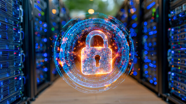 Close up of encrypted server racks inside a high security cloud data center, glowing padlock icon integrated with digital network connections, data protection and information security concept, advan
