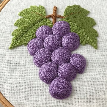 Embroidered grape cluster with green leaves and stem