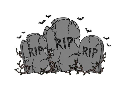 Three Cracked RIP Tombstones with Vines and Flying Bats