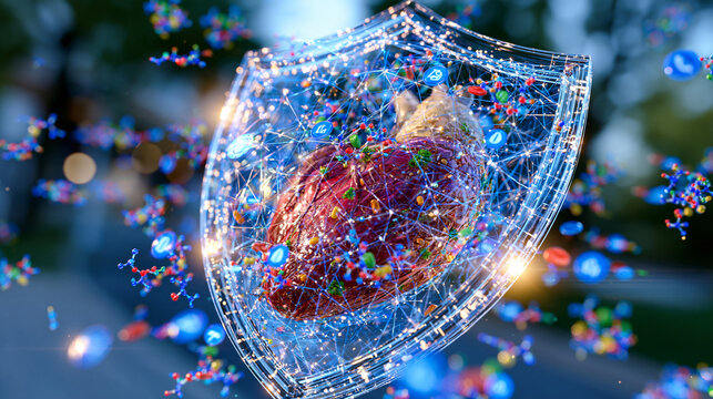 Detailed medical visualization of a shield shaped organ protected by a luminous network of vitamins and antioxidant molecules, colorful icons floating around the defensive barrier, immune system sup