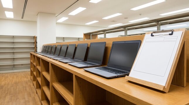 Digital Inclusion: Loan Laptops Lined Up On A Public Library Lending Shelf
