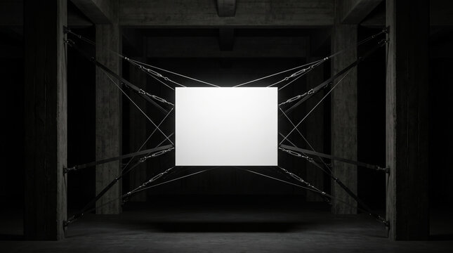 Industrial 16:9 wide mockup: 1 horizontal frameless white banner suspended by tension cables in dark subterranean concrete hall. Centered wide shot with pillars and low-key light for poster display.