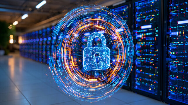 Futuristic cloud computing data center with rows of secure server cabinets, glowing encrypted connections and a prominent digital lock icon, cybersecurity technology concept, enterprise data protect