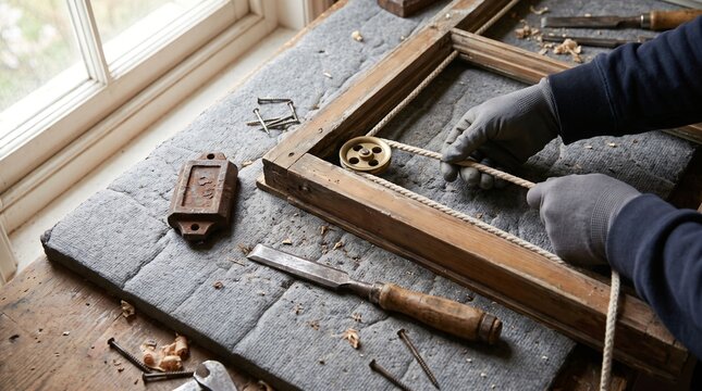 Sash Window Restoration: Cast Iron Weights On The Sill As A New Cord Runs Over The Pulley