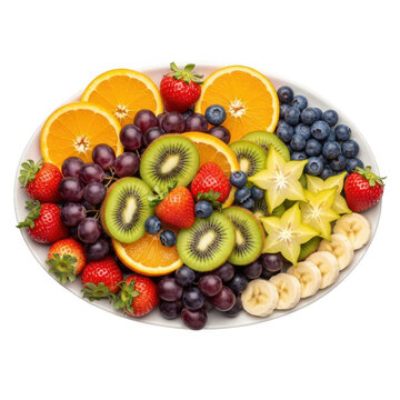Assorted fresh fruit platter on wooden table isolated on transparent background