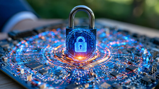 Macro inspired close up of secure server hardware with intricate encrypted digital connections and a glowing padlock symbol, cloud data protection, network security, enterprise IT infrastructure, so