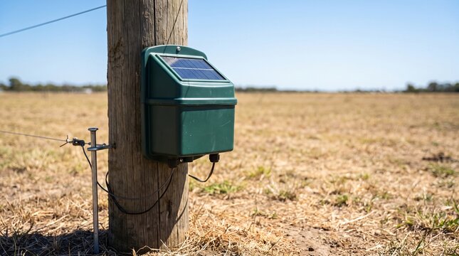 Solar Electric Fence Energiser On A Field Post As An Off Grid Farming Metaphor