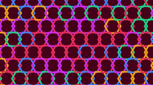 Vibrant hexagonal geometric pattern featuring interconnected colorful lines on a solid dark burgundy surface for textiles