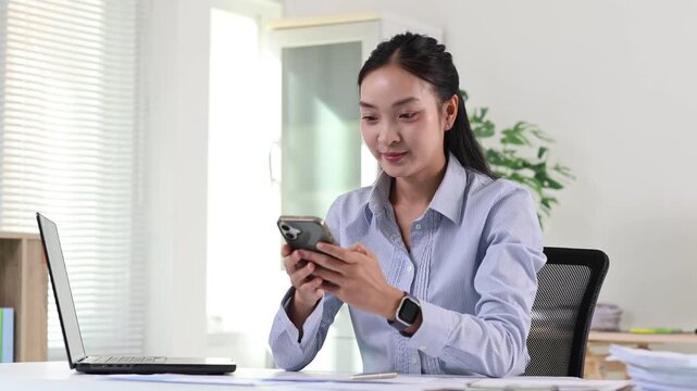 Office worker procrastinating at her desk while secretly using a smartphone, showing guilty and worried expressions while texting and avoiding work responsibilities