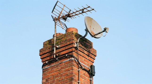 Obsolescence: Old Television Aerial And Satellite Dish Left On A House Chimney
