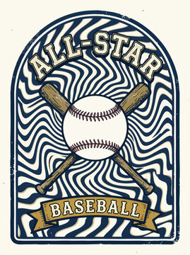 Baseball All-Star Badge. Retro Vintage Sports Emblem. Distressed Wavy Pattern. Graphic Design Element.