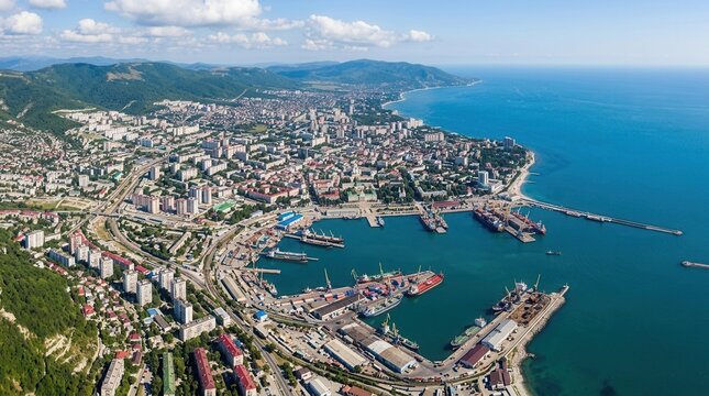 Panoramic aerial view of a bustling coastal city port with ships, cargo, and urban sprawl extending to forested hills.