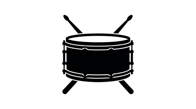 Black silhouette of a bass drum with drumsticks on a white background