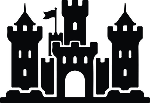 Fairytale Castle with Three Towers and Flags,
Bold black and white silhouette of a grand fairytale castle with three towers, battlements, flags, arched gate, and medieval architecture.