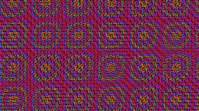 Vibrant neon geometric circular pattern featuring colorful interwoven shapes on a deep magenta fabric texture surface