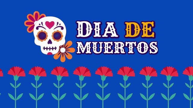 Skull with flowers. D&iacute;a de los Muertos skull. Day of the dead, 4K video art illustration.