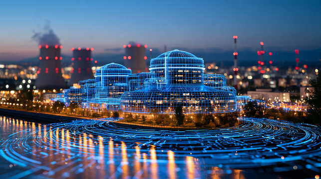 Ultra detailed futuristic nuclear power station rendered as a sophisticated digital wireframe model, brilliant blue outlines tracing reactor buildings, pipes and cooling towers, atmospheric neon mis