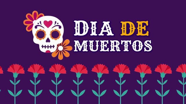 Skull with flowers. D&iacute;a de los Muertos skull. Day of the dead, 4K video art illustration.