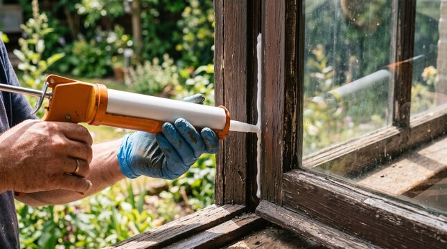 Worker applying silicone sealant to old wooden window frame with caulking gun
