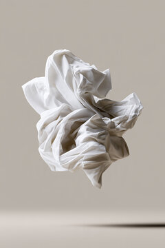 Minimalist abstract composition of floating piece of crumpled white fabric casting a soft shadow on a beige background.