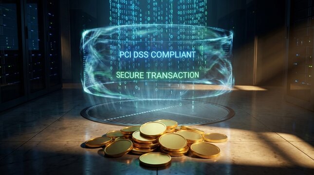 Secure PCI DSS Compliant Digital Transaction Concept with Gold Coins in Server Room