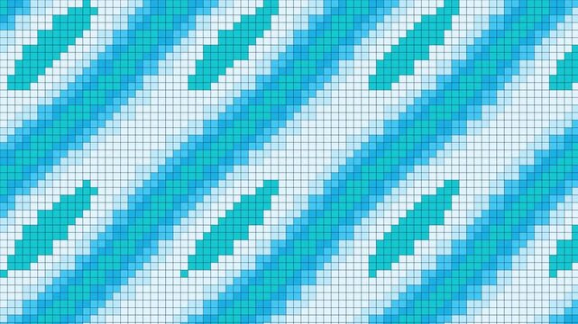 Blue pixelated pattern featuring morphing geometric shapes transitioning between circles and diagonal lines in various shades
