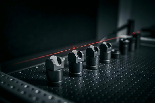 Row of optical mirror mounts with a red laser beam in a dark lab &ndash; Ideal for physics research content, photonics branding, or innovation visuals.