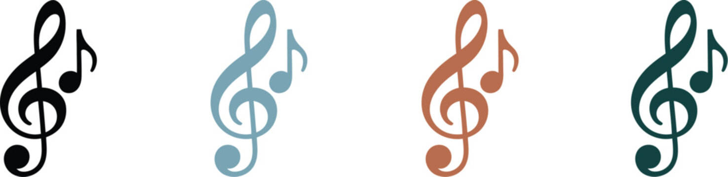 Music note icon, treble and bass clef symbols, sharp flat notes, continuous line drawing, hand drawn outline vector for musical and audio design.
