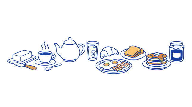 Delicious and varied breakfast food items, including eggs, bacon, pancakes, toast, and coffee, in a clean, minimalist blue line art vector