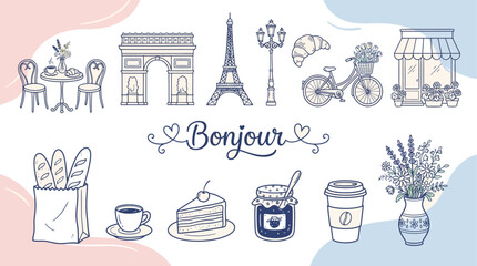 Charming hand-drawn vector illustration of French travel and lifestyle elements, featuring Parisian landmarks, food, and cafe scenes in blue line art © Thamseer