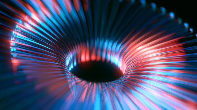 Abstract 3D Futuristic Metallic Spiral Tunnel Background with Glowing Neon Blue and Pink Light Reflections for High Speed Data Technology Motion Creative Design Concepts