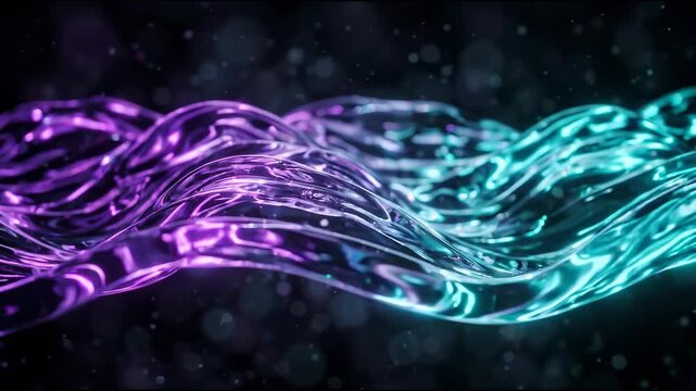 Abstract 3D Glass Waves with Neon Purple and Teal Gradient for Futuristic Tech Backgrounds