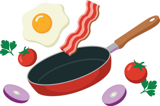 Breakfast Cooking Illustration Featuring a Red Frying Pan with Floating Fried Egg Bacon Strips Tomatoes Onion Slices and Parsley Leaves