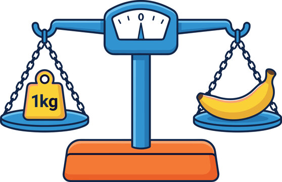 Mechanical balance scale vector illustration weighing a banana against a one kilogram mass weight isolated on white background for math education