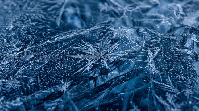 Close-up of crystalline ice featuring intricate frost formations and trapped air bubbles in a frozen natural environment