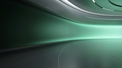 Fototapeta premium Futuristic green and gray sci-fi room with glowing light and curved walls keywords: futuristic